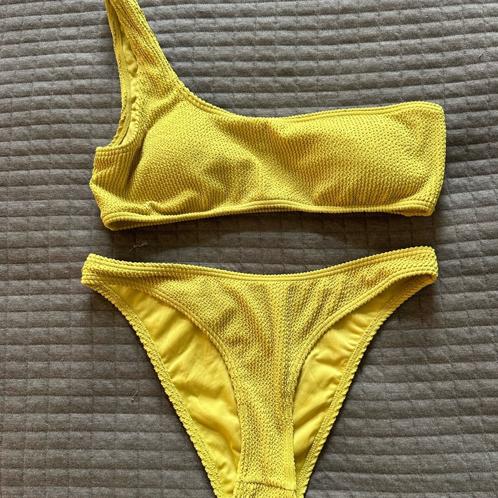 Yellow One-Shoulder Textured Bikini Set